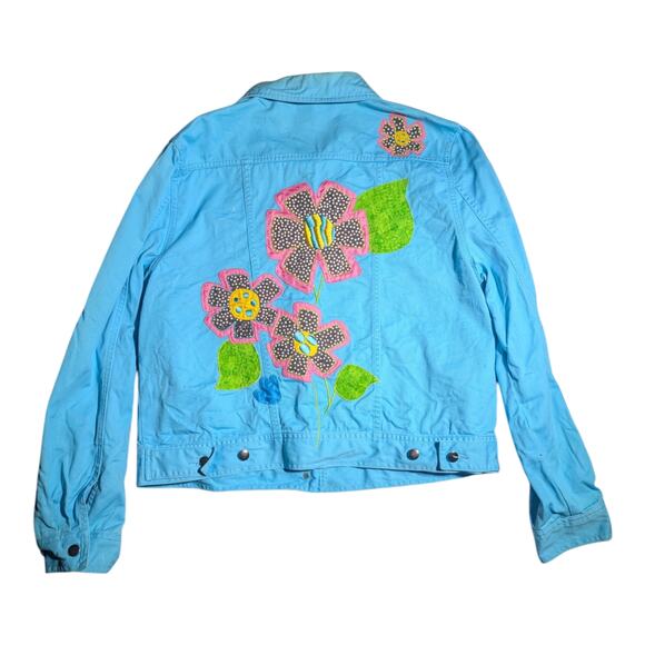 Vtg Y2K Lighthouse Sky Blue Floral Embroidered Applique Trucker Jacket Sz L - Picture 2 of 6